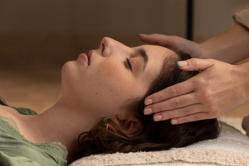 A person lies down with eyes closed while another gently places hands on their head, possibly during a relaxation or therapeutic session such as EFT Tapping.
