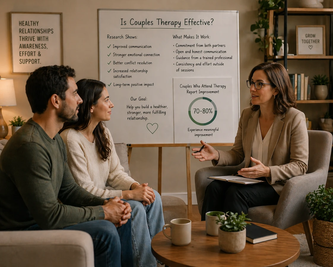 Expert wellness practitioner discussing the effectiveness of couples therapy with clients.
