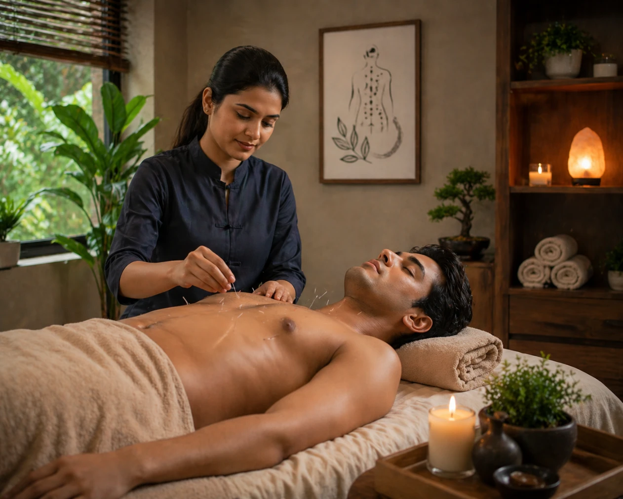 Professional acupuncture therapy session in a calming wellness clinic with a practitioner applying fine needles to support pain relief, relaxation, and holistic recovery.