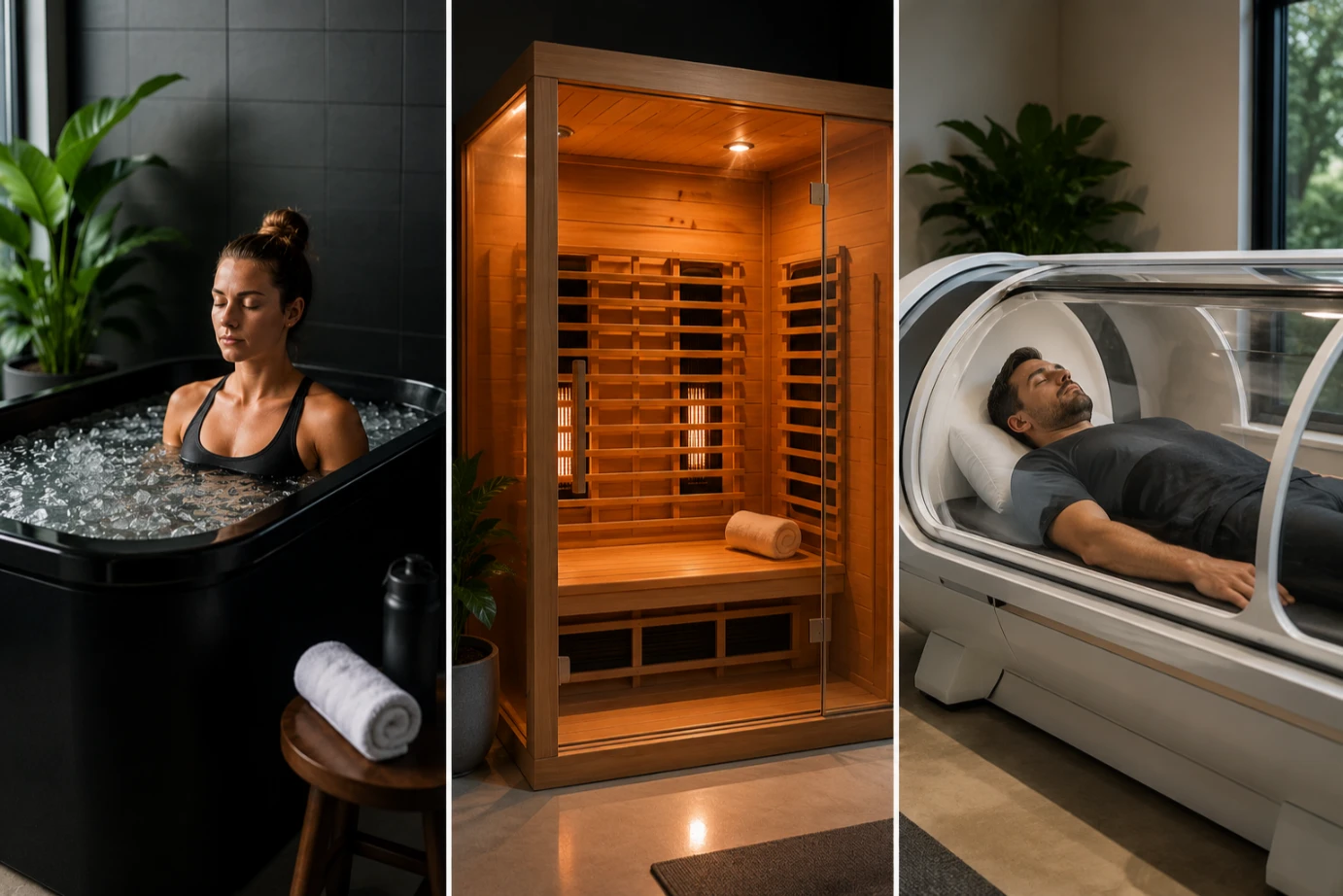 Advanced recovery therapies including ice bath therapy, infrared sauna, and hyperbaric oxygen therapy designed to support recovery, reduce inflammation, improve circulation, and enhance overall wellbeing.