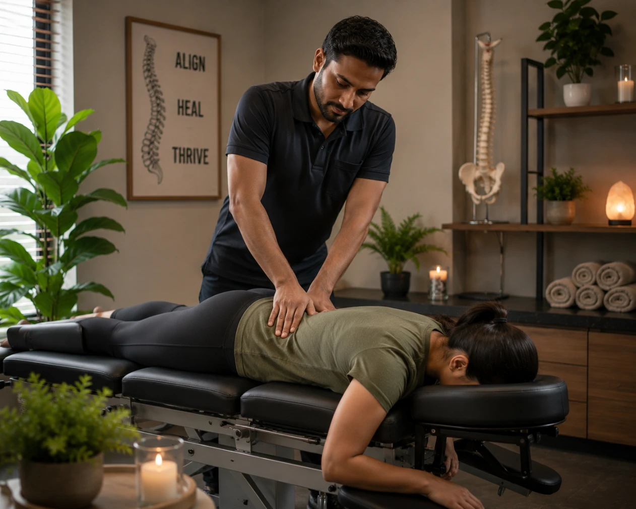 Chiropractic treatment session with a practitioner performing a spinal adjustment to support posture, mobility, pain relief, and injury recovery in a modern wellness clinic.