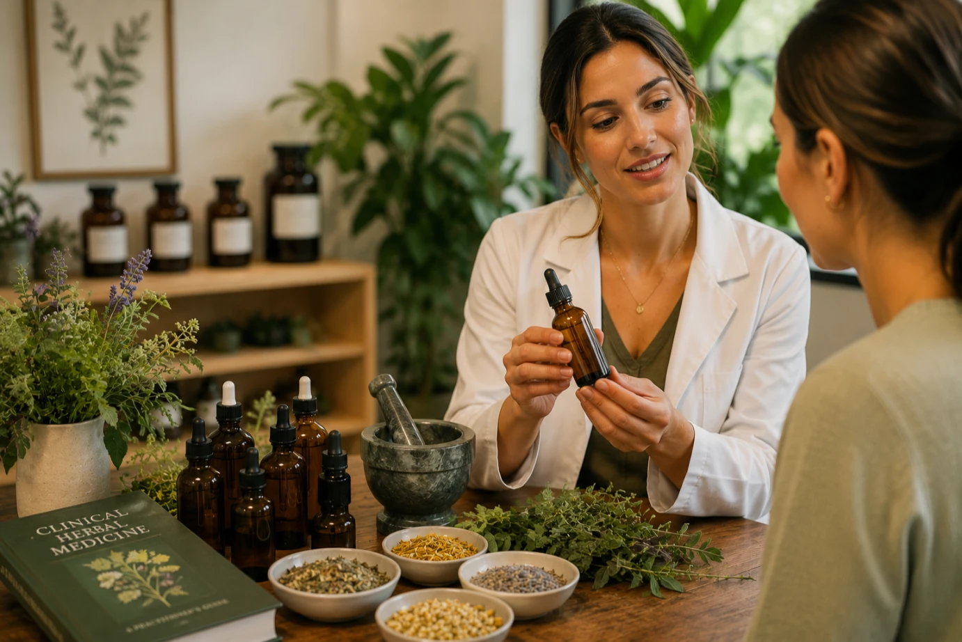 Clinical herbal medicine consultation with a wellness practitioner recommending personalised botanical extracts to support immunity, sleep, adrenal health, and overall wellbeing.