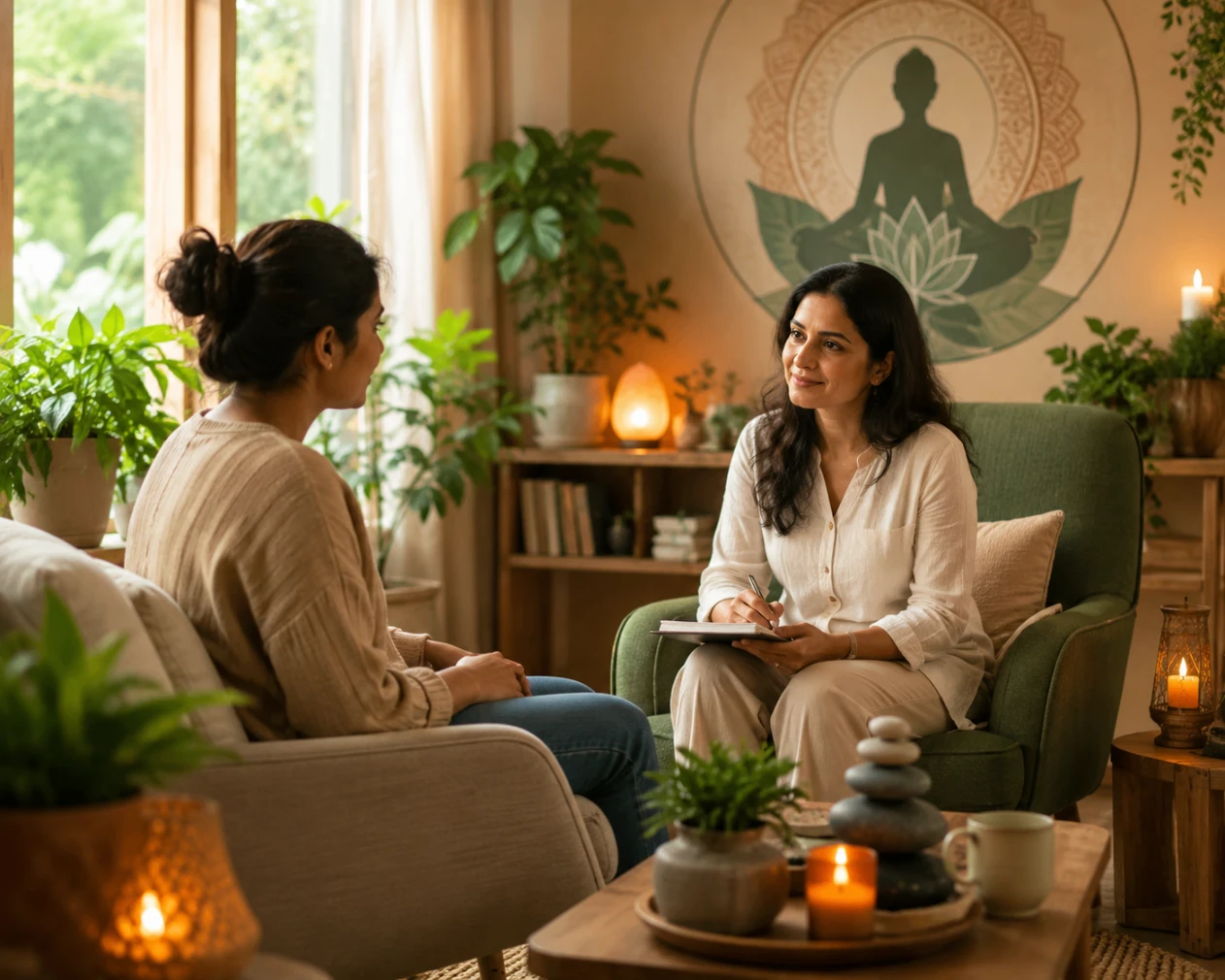 Holistic counselling session in a calming wellness space supporting emotional wellbeing, stress management, personal growth, and mental clarity.