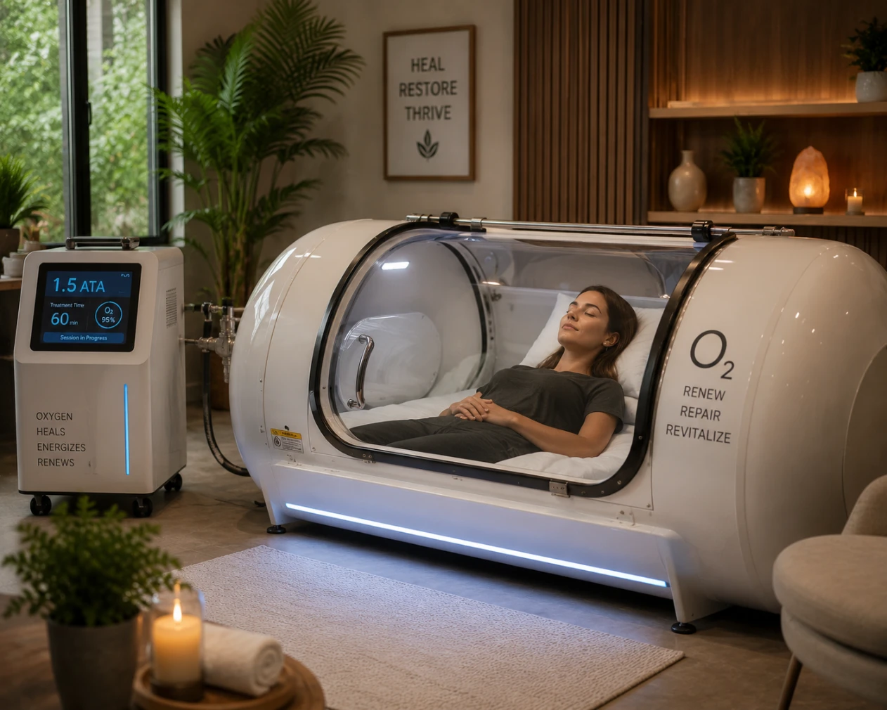 Hyperbaric oxygen therapy session in a modern wellness clinic supporting recovery, tissue repair, energy levels, immune function, and overall health optimisation.