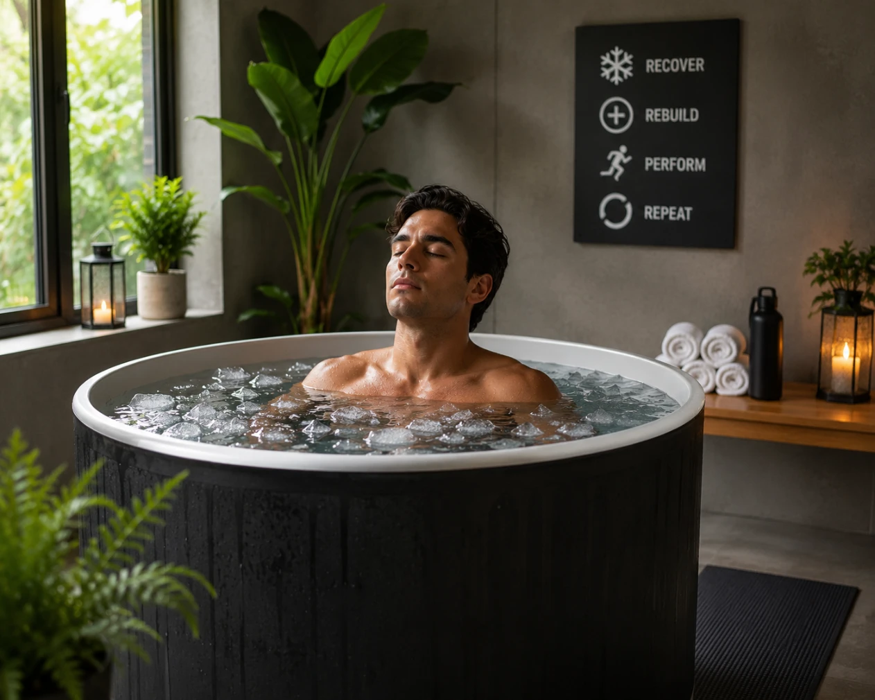 Ice bath therapy session in a modern recovery clinic helping reduce inflammation, improve circulation, support muscle recovery, and enhance mental resilience.