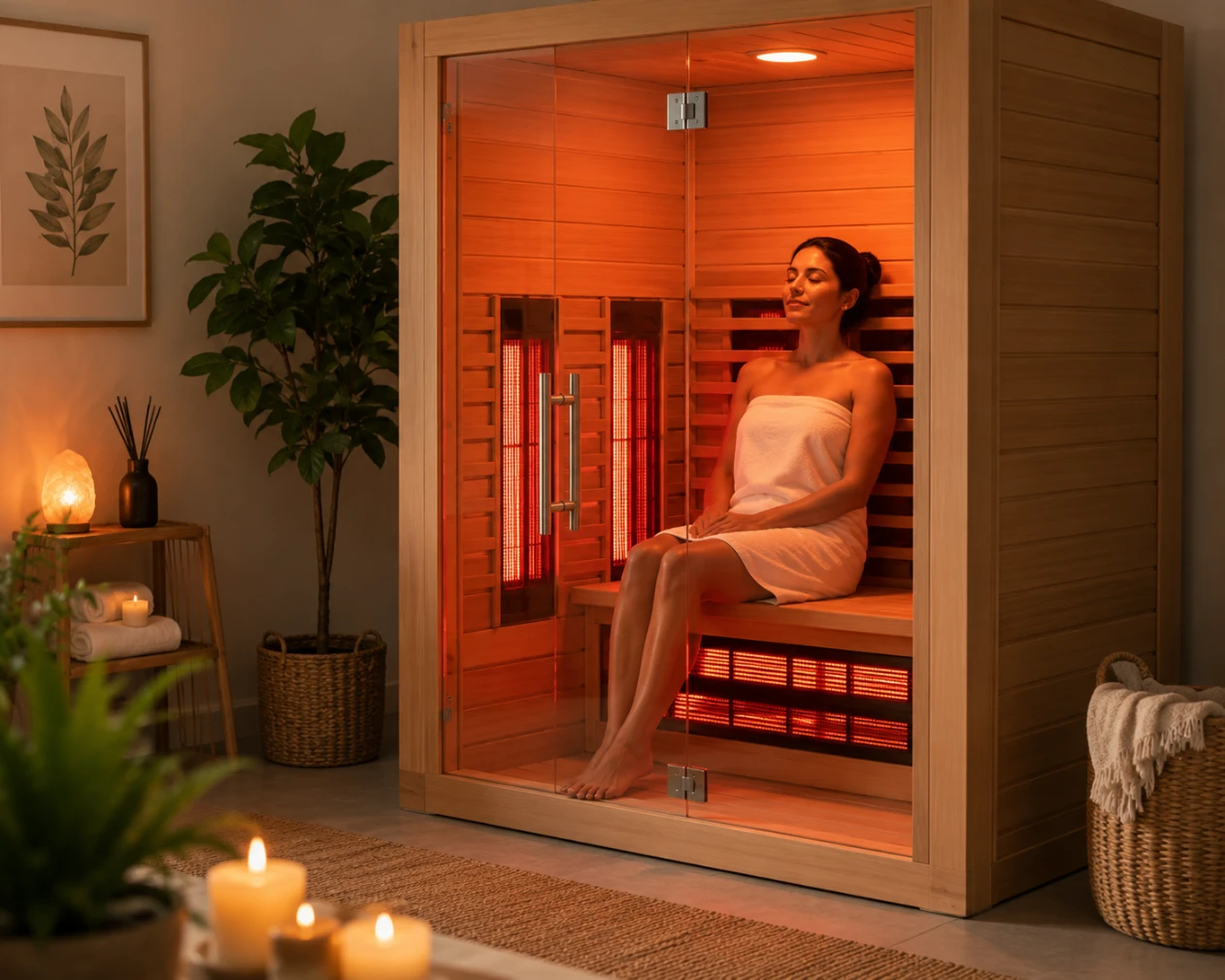 Infrared sauna therapy session in a modern wellness clinic promoting relaxation, detoxification, improved circulation, muscle recovery, and stress relief.