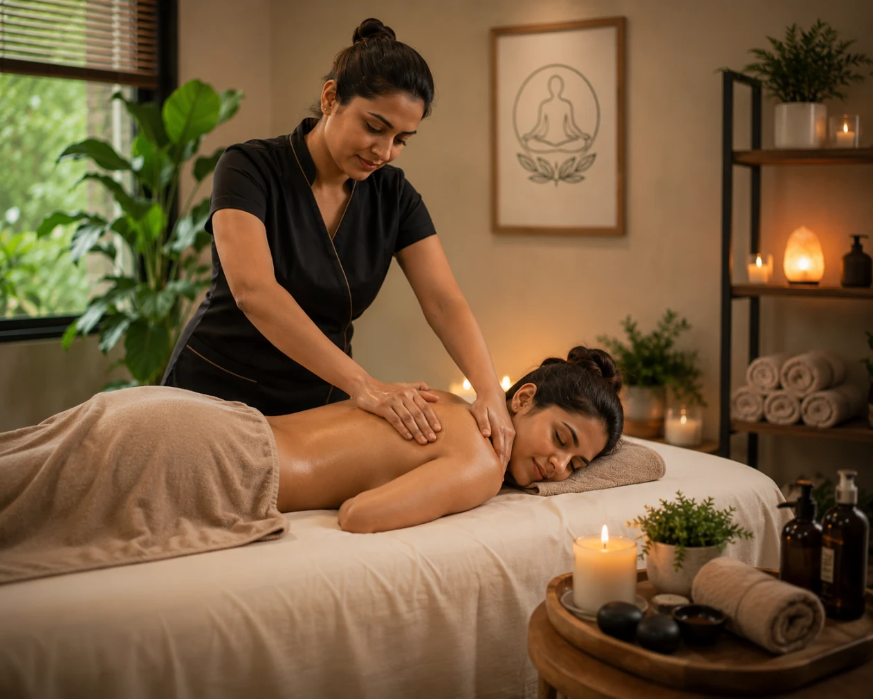 Professional massage therapy treatment in a relaxing wellness clinic helping relieve muscle tension, improve circulation, support recovery, and reduce stress.
