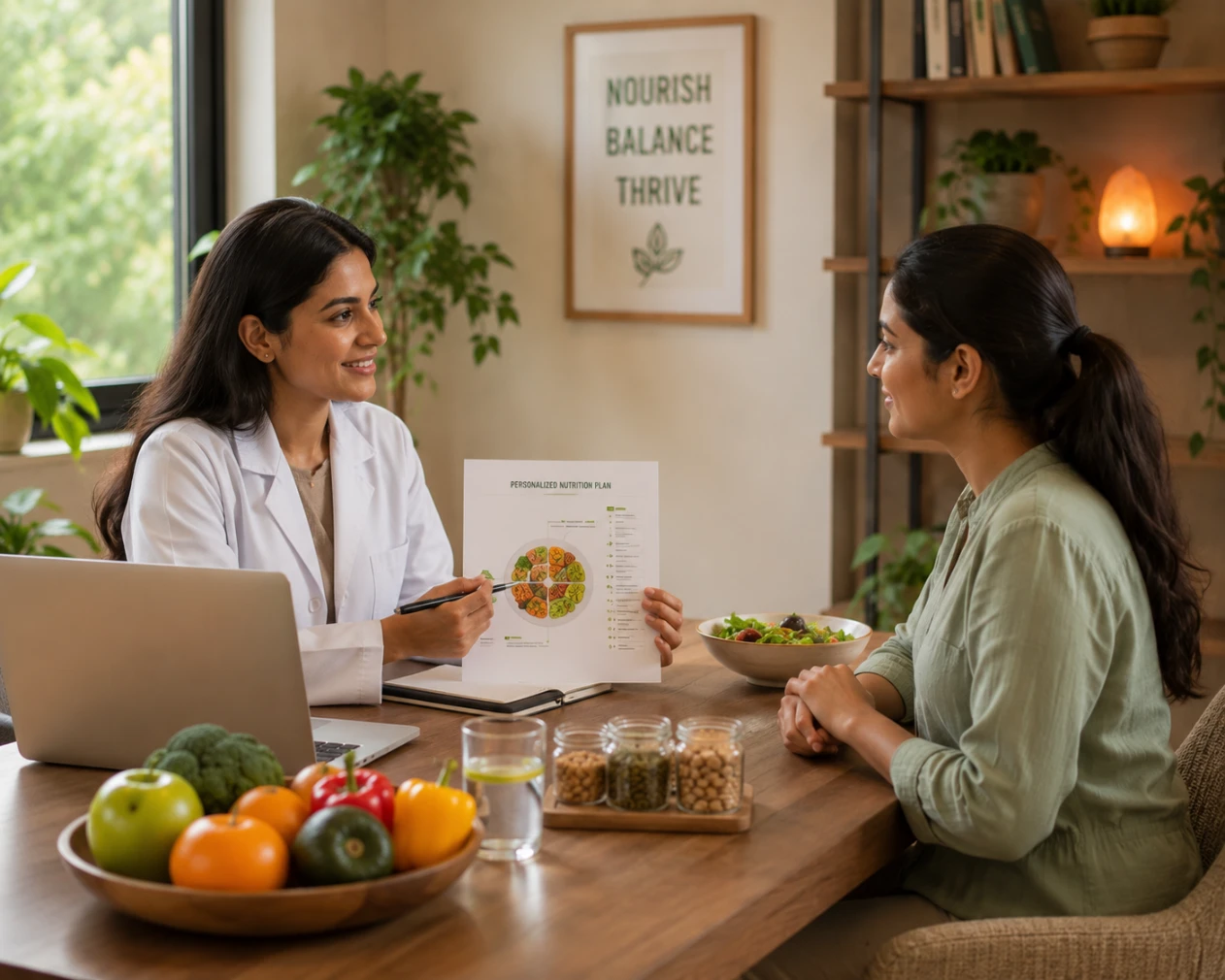 Nutritional therapy consultation with a wellness practitioner providing personalised dietary guidance to support digestion, energy, gut health, and long-term wellbeing.
